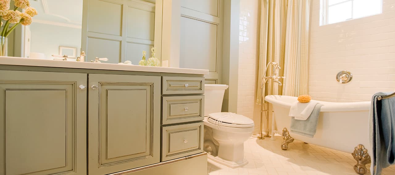 Bathroom remodel — sage green double vanity and clawfoot tub