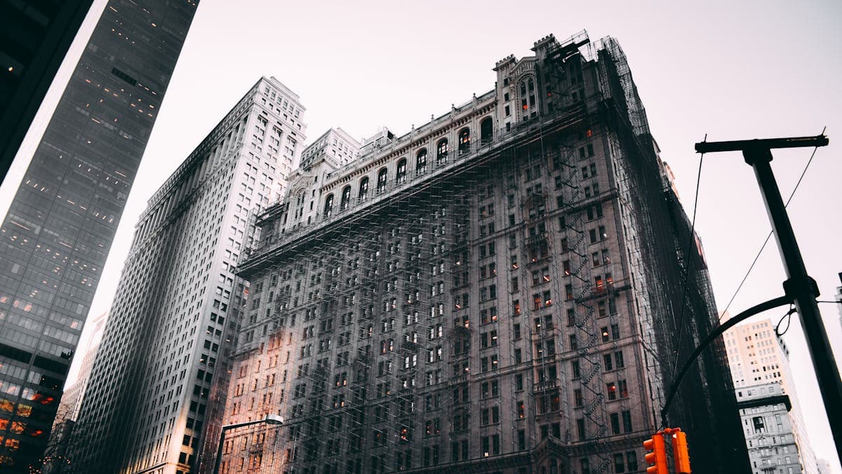 New York City building facade with scaffolding — Local Law 11 FISP inspection