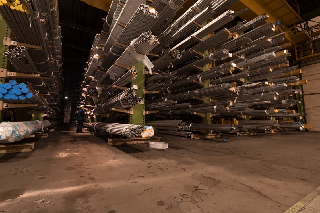 Industrial warehouse with steel pipe storage